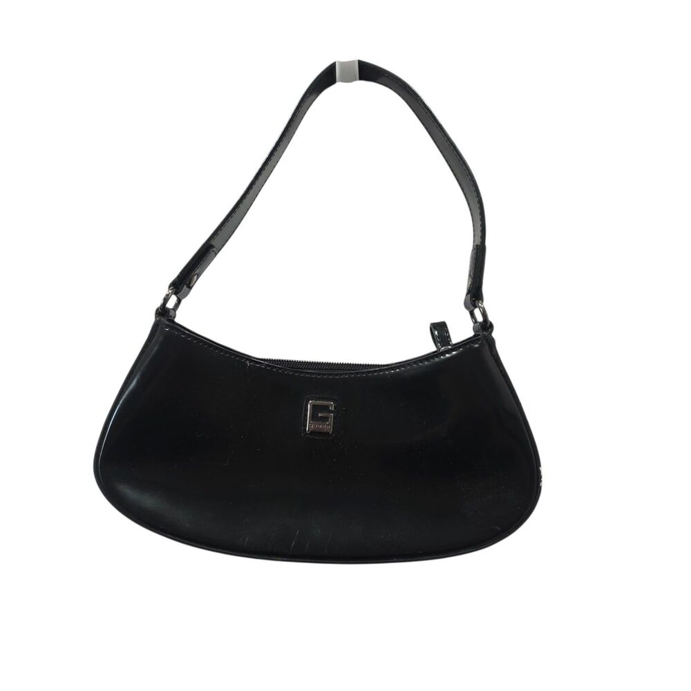 GUESS Black‎ Patent Leather Baguette Shoulder Bag Y2K Mini Purse Zip Top